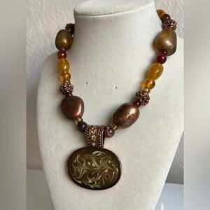Vintage Chunky Acrylic Enamel Amber Brown Copper Tones Necklace 22”